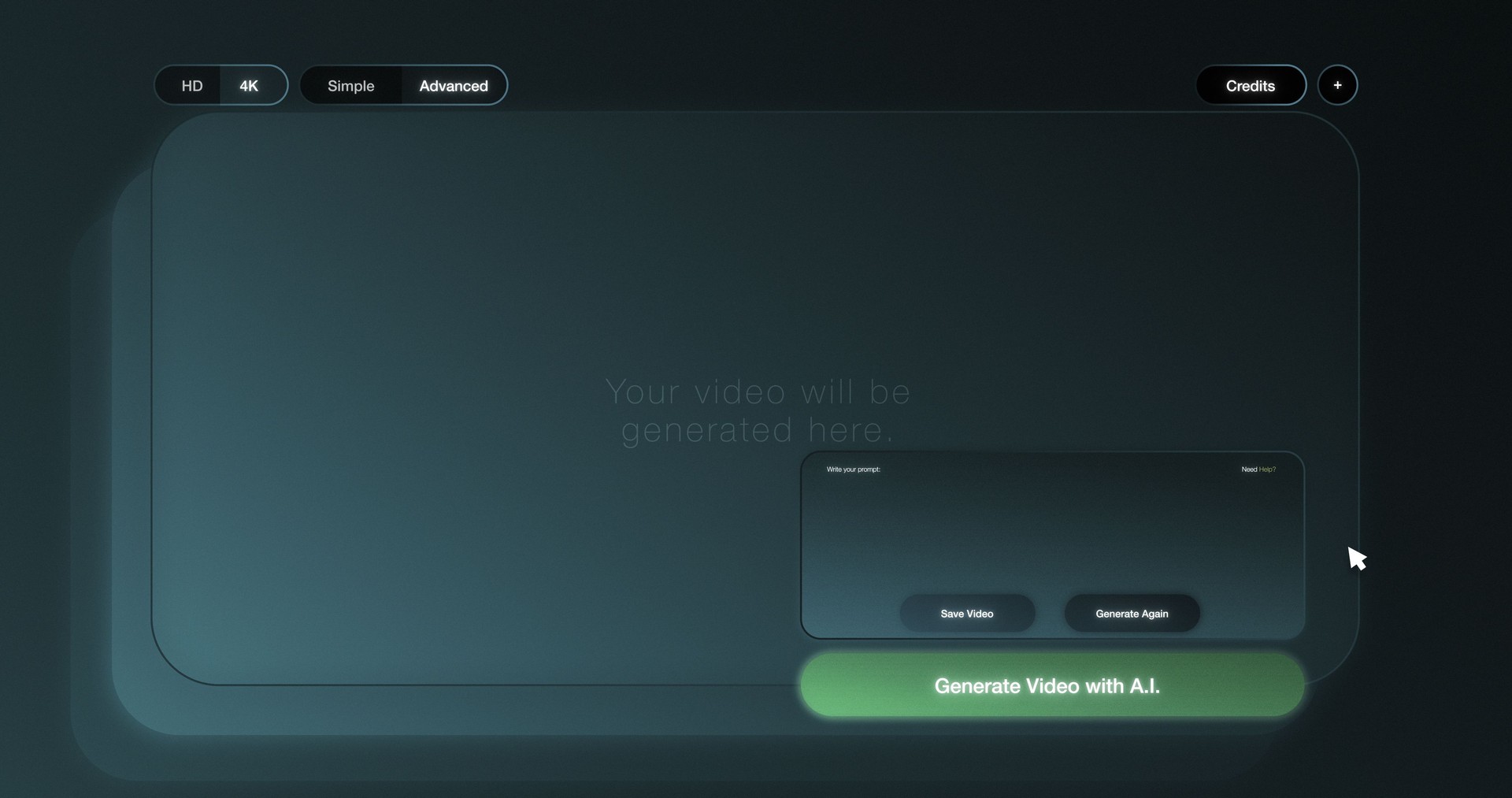 Modern A.I. video generation interface with advanced and sleek design